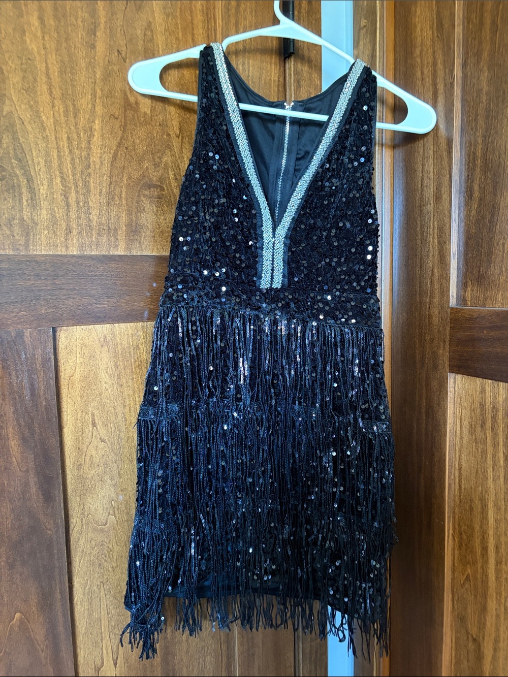SHEIN Black Sequin Fringe V-Neck Mini Dress